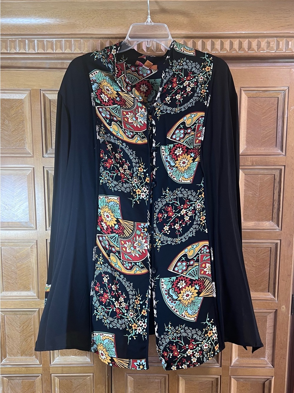 Marari Italian Women’s Button Black Floral Paisley Boho Tunic Top 1X 100% Silk